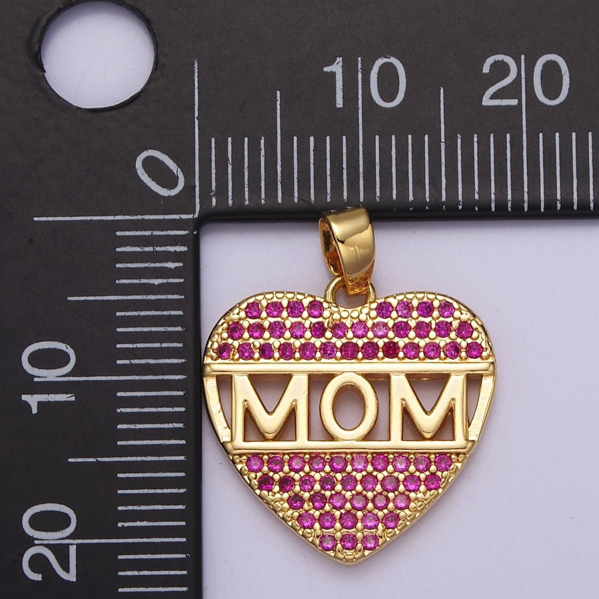 Mother's Day heart shaped Pendant CZ Pink charm Mom Script in 18k Gold Filled for DIY jewelry J-387