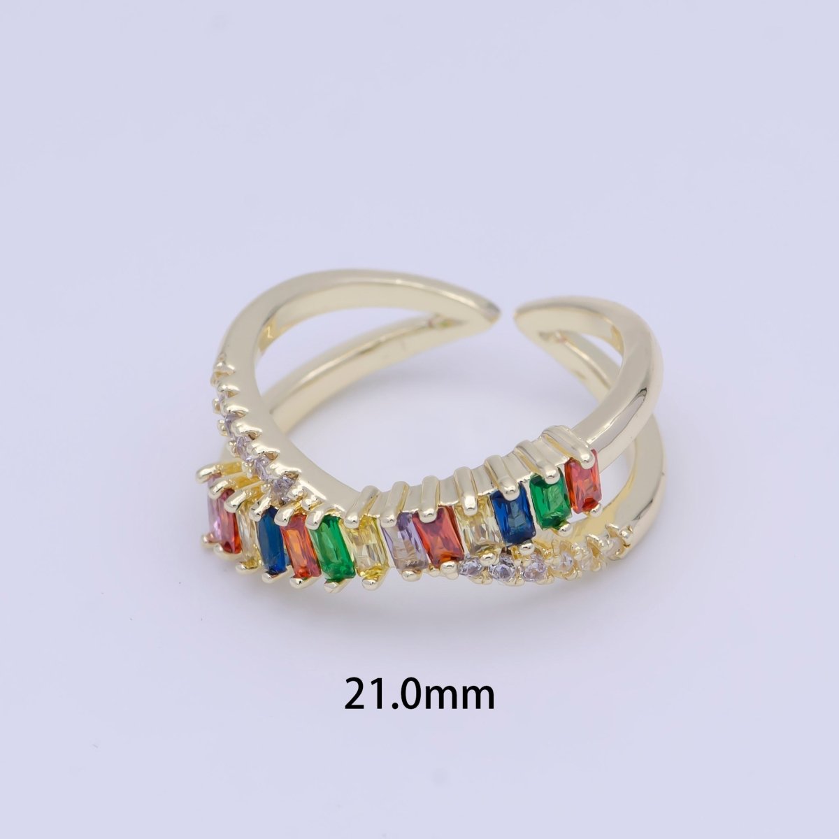 Multi Color Baguette Ring Rainbow CZ Gold Band Adjustable Ring U-268