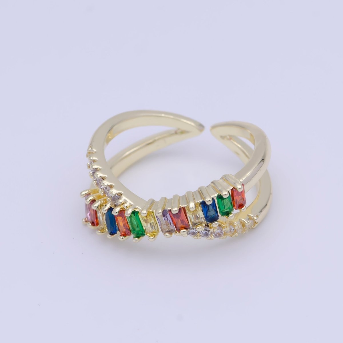 Multi Color Baguette Ring Rainbow CZ Gold Band Adjustable Ring U-268