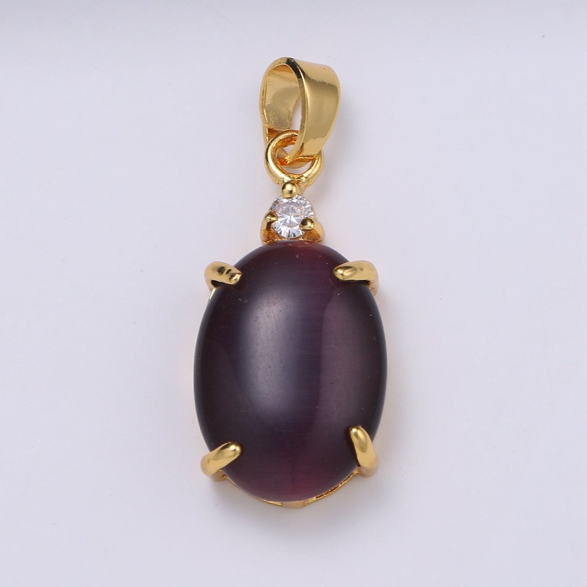 Multi Color Cat's Eye: Pink, Plum, Red Ruby, Amber, Peridot 24k Gold Solitaire CZ Pendant, Large Cat's Eye Stone I-681 ~ I-692