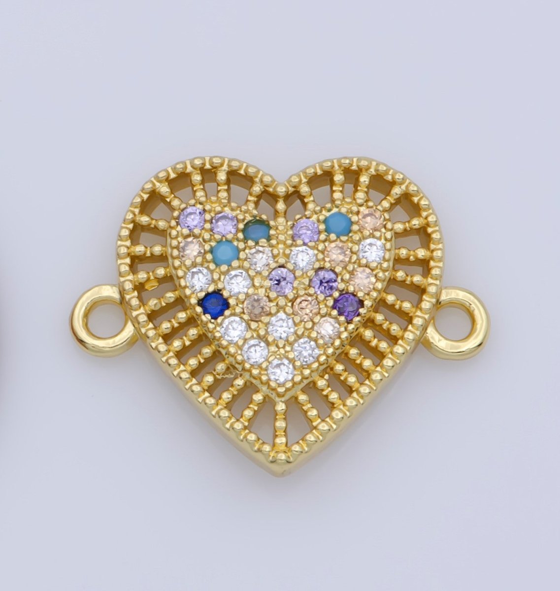 Multi Color Dainty CZ Rainbow Heart Connector 12x16mm, 14K gold Filled Cubic Zirconia Micro Pave Colorful Heart Bracelet Connector Charm F-350