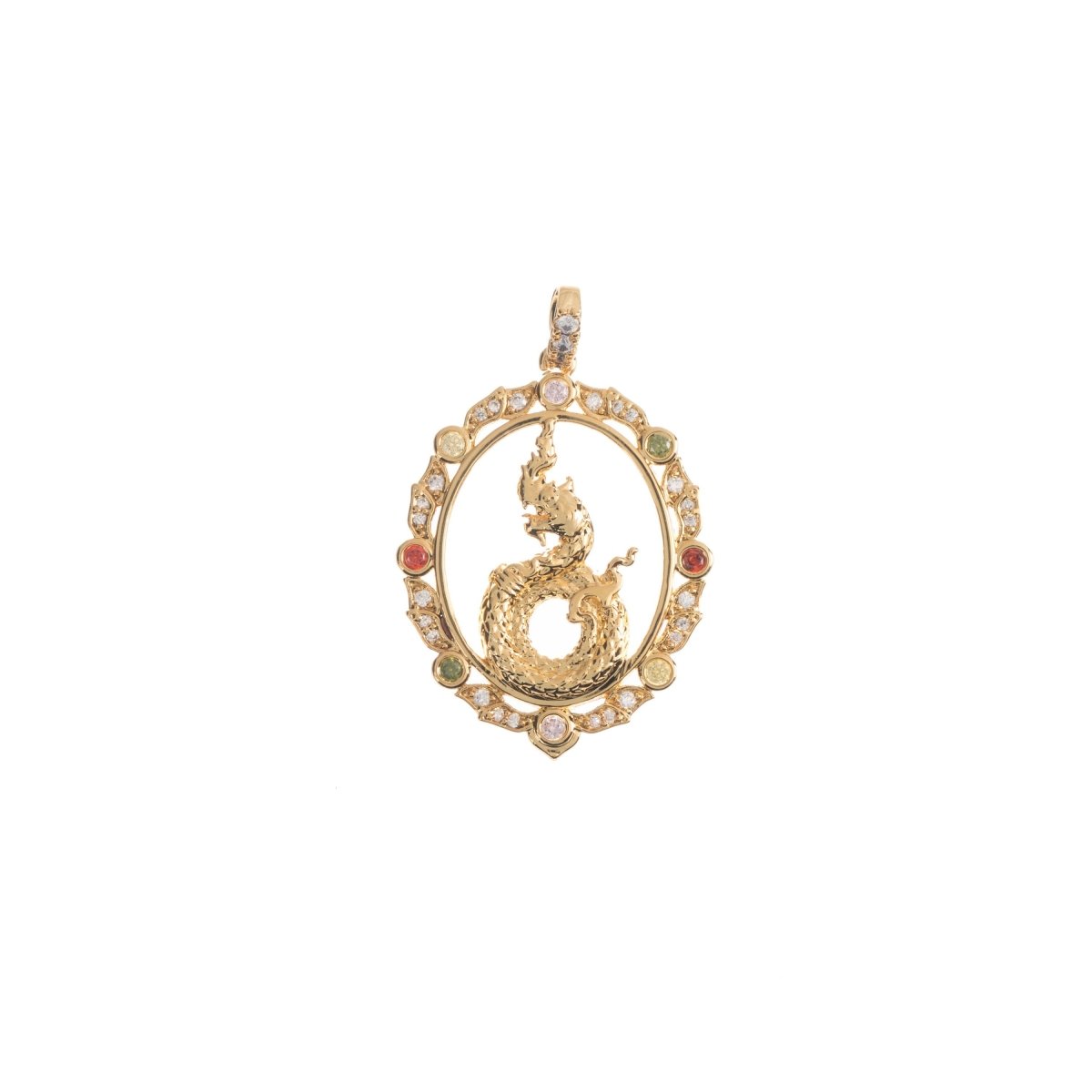 Multi Color Stone 18k Gold Fill Royal Dragon Chinese Legend, Royalty Cubic Zirconia Necklace Pendant Charm Bails for Jewelry Making I-021