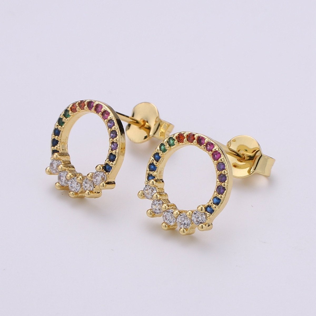 Multi Color Stud Dainty Gold Marquise Cluster Stud Earrings, Marquise Circle Stud Rainbow Stud, Gold Earring Minimalist Geometric Design Q-296