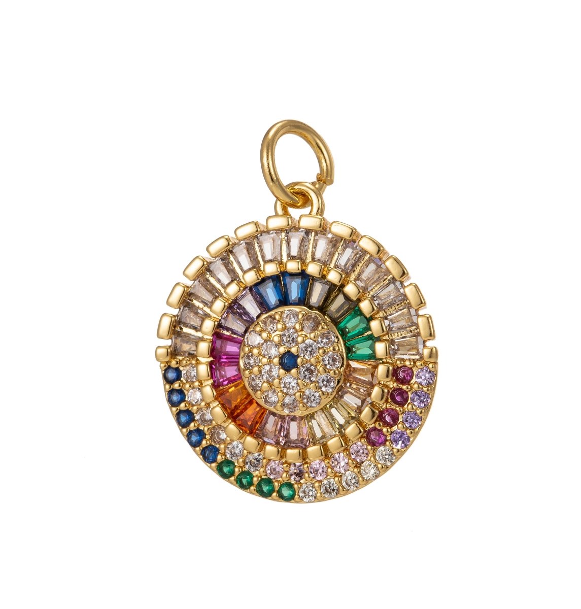 Multicolor Clear Baguette Micro Paved CZ Round Disc Charm | C-647