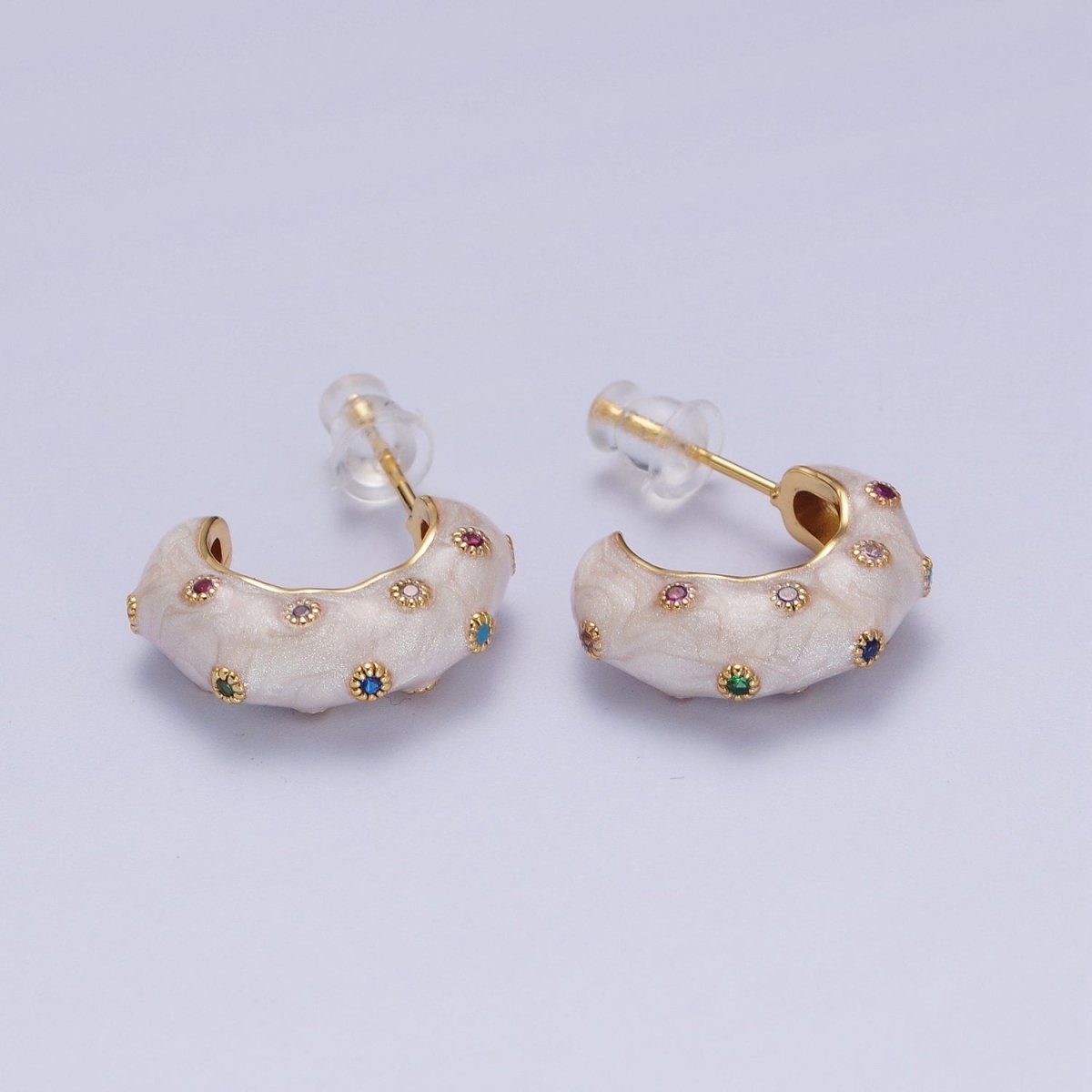 Multicolor CZ Dotted Cats Eye  C Shaped Abstract Gold Hoop White Enamel Earring | AD-180