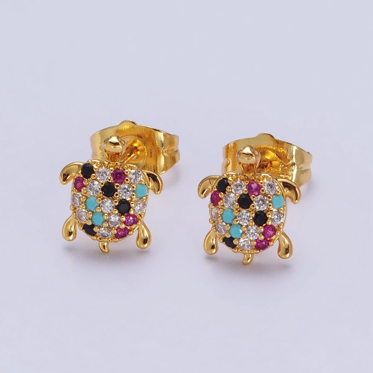 Multicolor CZ Micro Paved Turtle Sea Tortoise Gold Stud Earrings | AB120
