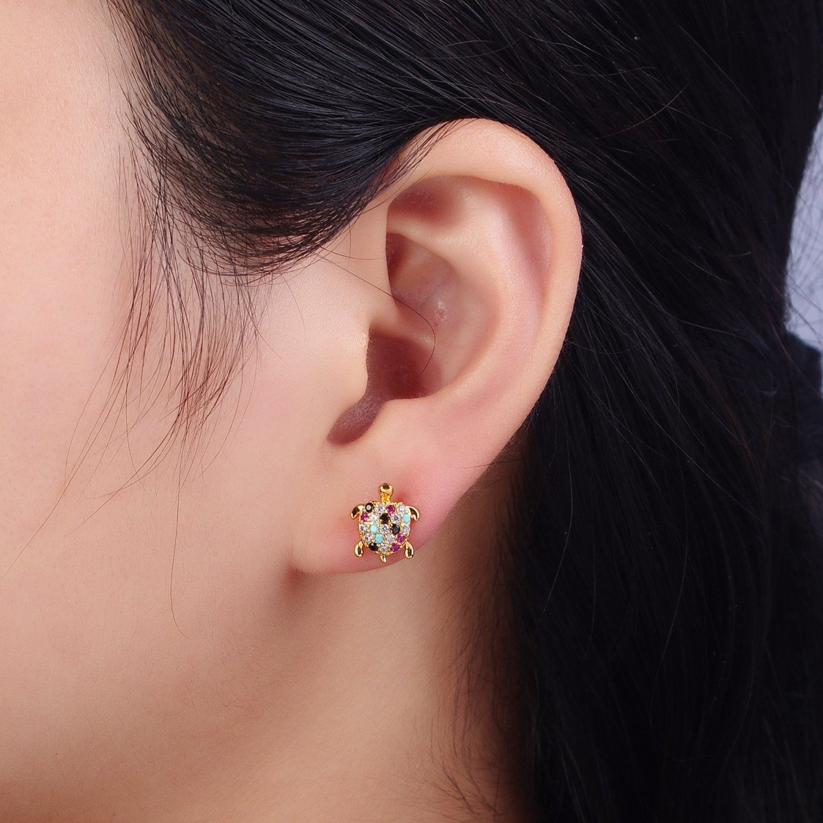 Multicolor CZ Micro Paved Turtle Sea Tortoise Gold Stud Earrings | AB120
