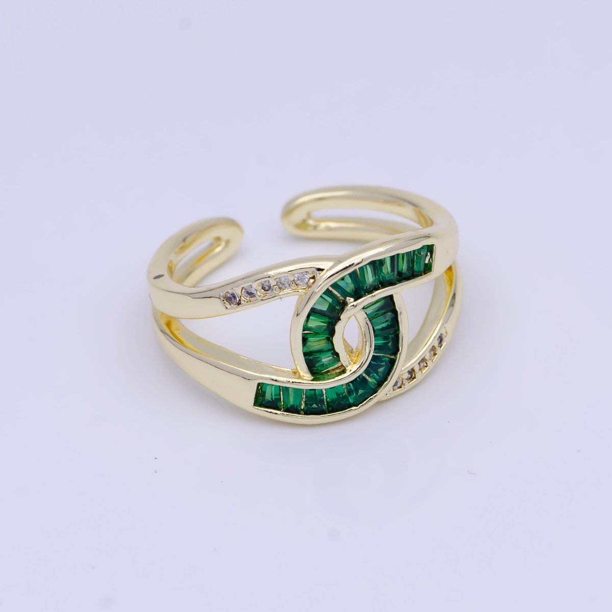 Multicolor, Green, Clear Baguette Micro Paved Knot Double Band Gold Ring | O-925, U-267, U-295