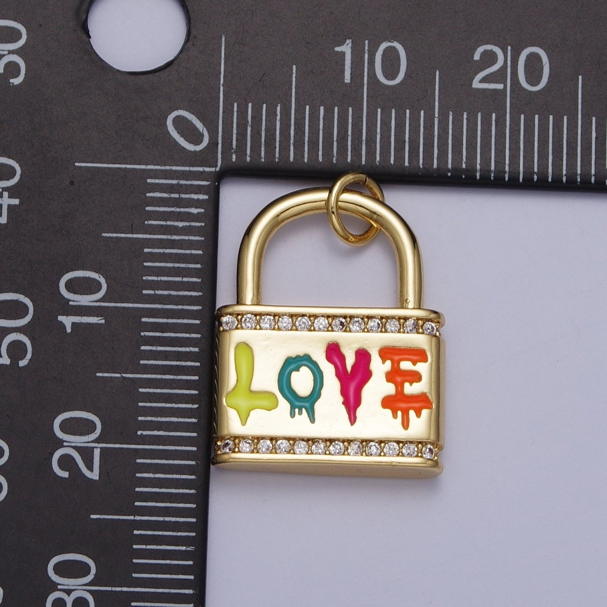 Multicolor "Love" Script Sprayed Micro Paved CZ Padlock Gold Charm AG-122