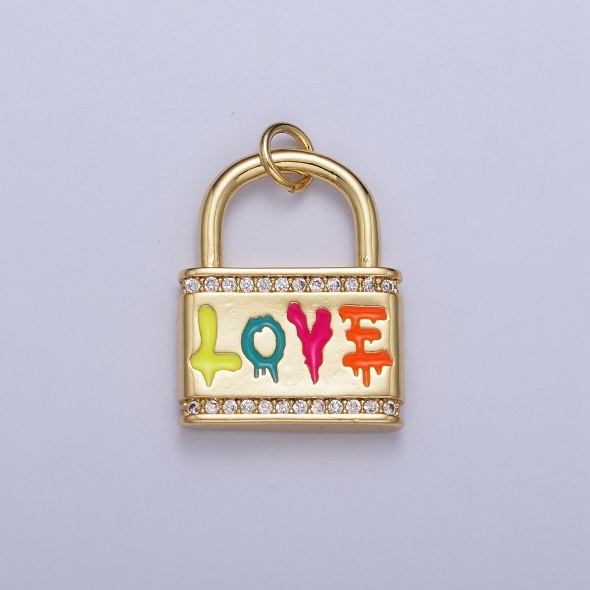 Multicolor "Love" Script Sprayed Micro Paved CZ Padlock Gold Charm AG-122