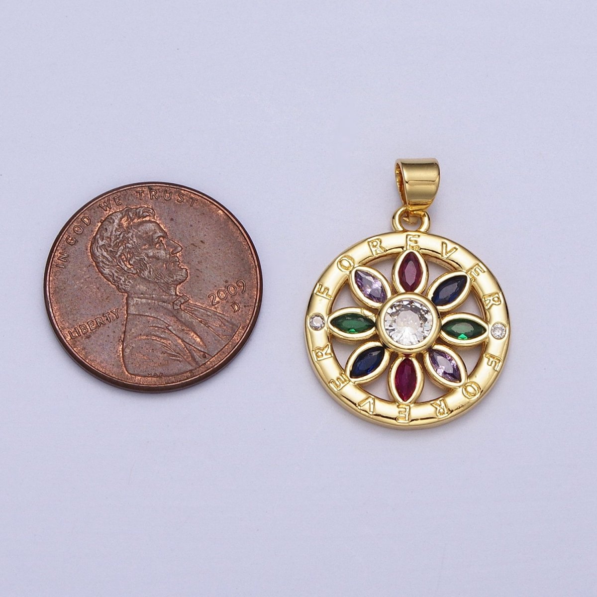 Multicolor Marquise CZ Flower "Forever" Script Round Gold Pendant | AA008