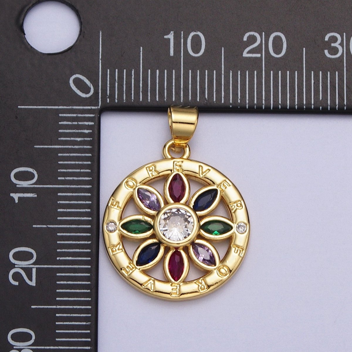 Multicolor Marquise CZ Flower "Forever" Script Round Gold Pendant | AA008