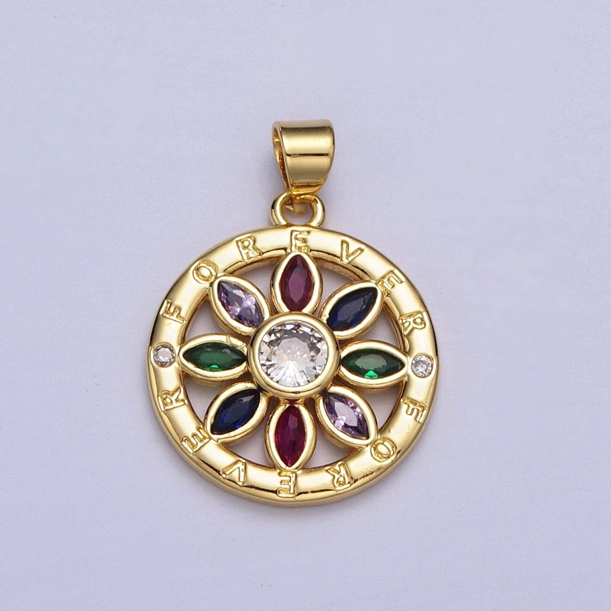 Multicolor Marquise CZ Flower "Forever" Script Round Gold Pendant | AA008