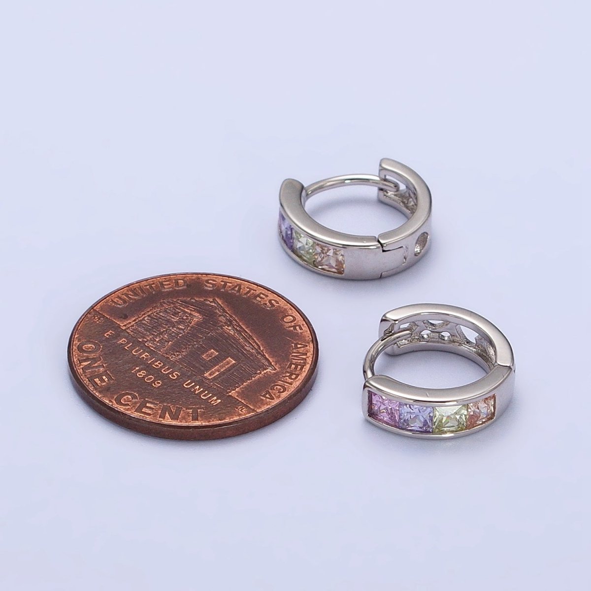 Multicolor Pastel Checkered Square CZ 12mm Cartilage Silver Huggie Earrings | AB268