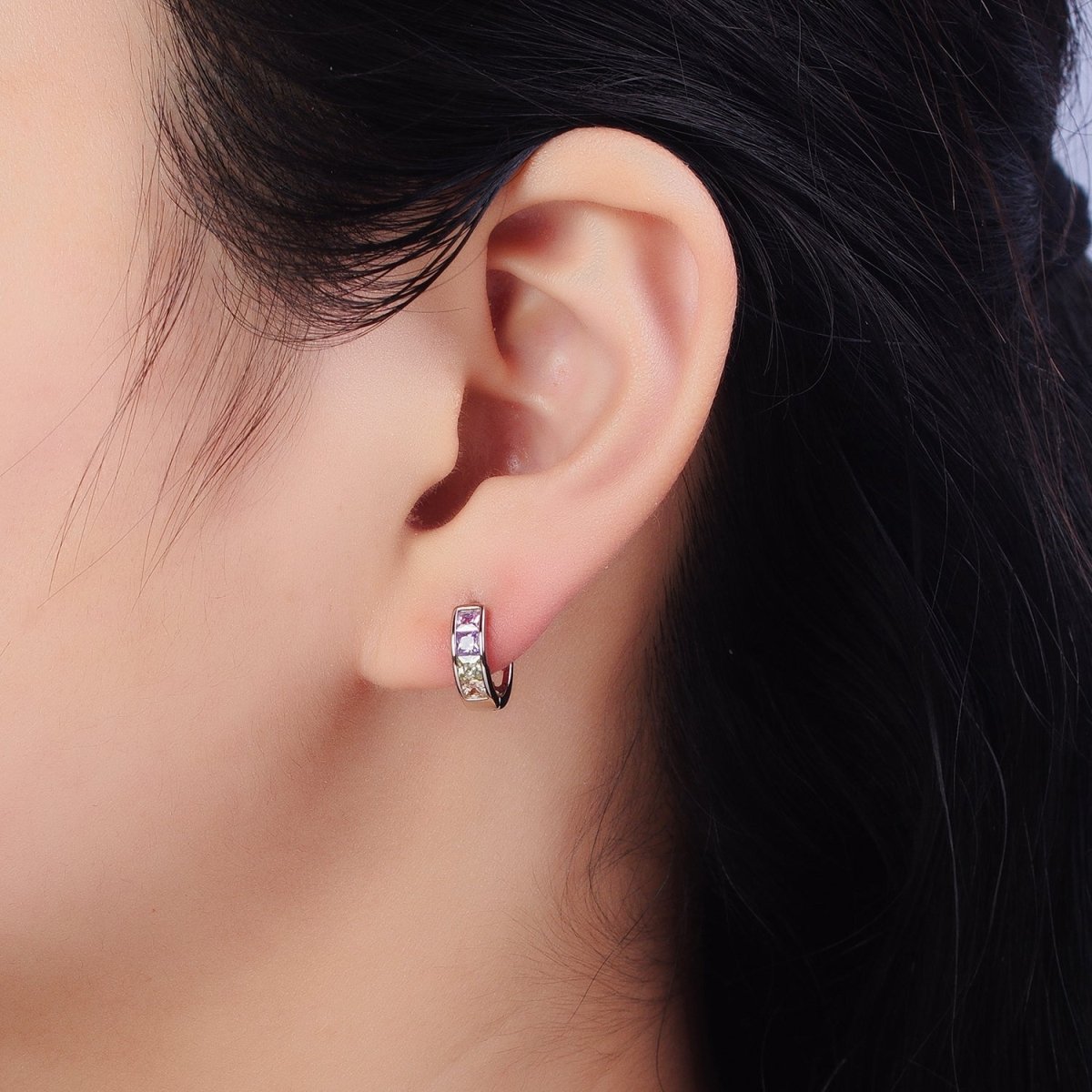 Multicolor Pastel Checkered Square CZ 12mm Cartilage Silver Huggie Earrings | AB268