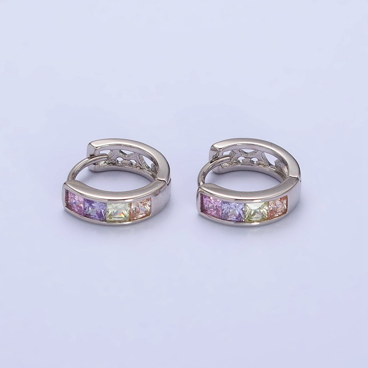 Multicolor Pastel Checkered Square CZ 12mm Cartilage Silver Huggie Earrings | AB268