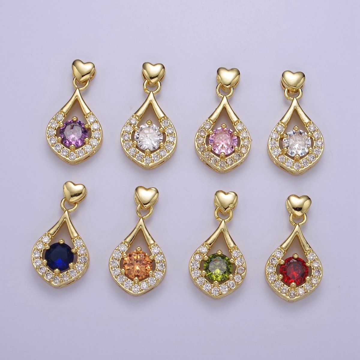 Multicolor Teardrop Cubic Zirconia CZ Stone Pendant Charm with Heart Golden Bail For Jewelry Necklace Making J-582~J-588
