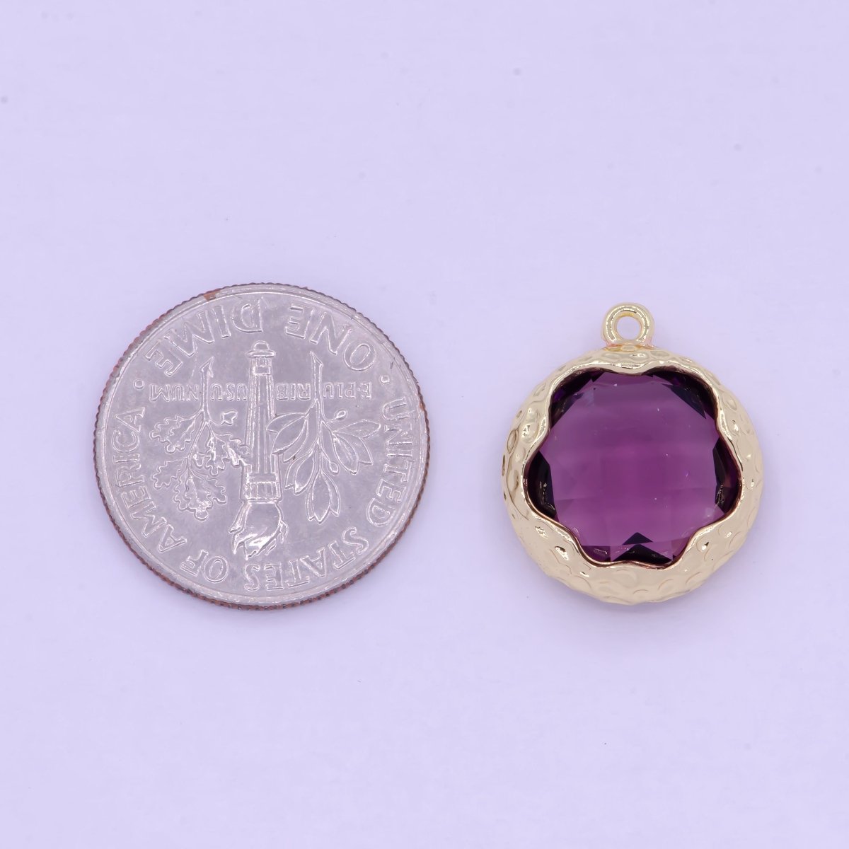 Multifaceted Purple CZ Flower Geometric Hammered Round Gold Charm AG-079