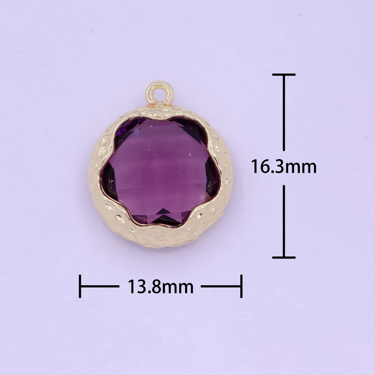 Multifaceted Purple CZ Flower Geometric Hammered Round Gold Charm AG-079