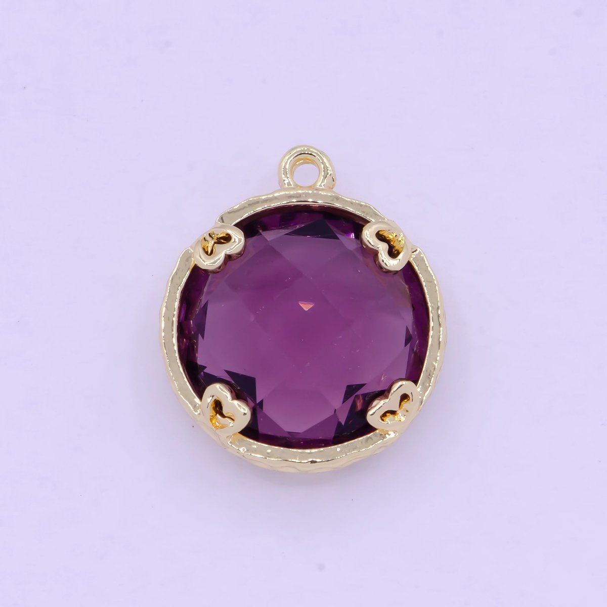 Multifaceted Purple CZ Flower Geometric Hammered Round Gold Charm AG-079