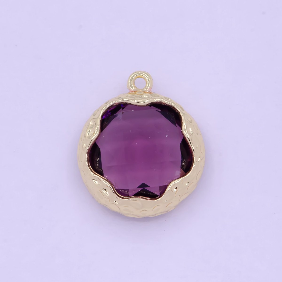 Multifaceted Purple CZ Flower Geometric Hammered Round Gold Charm AG-079