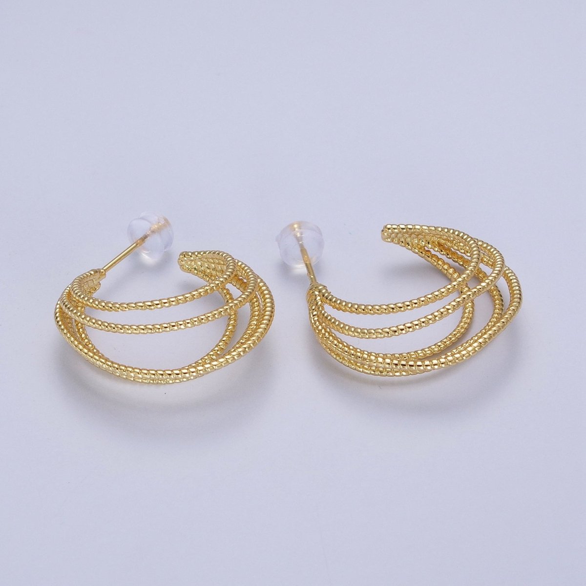 Multiple Gold Beaded C-Shaped Geometric Lined Hoop Earrings | AB035