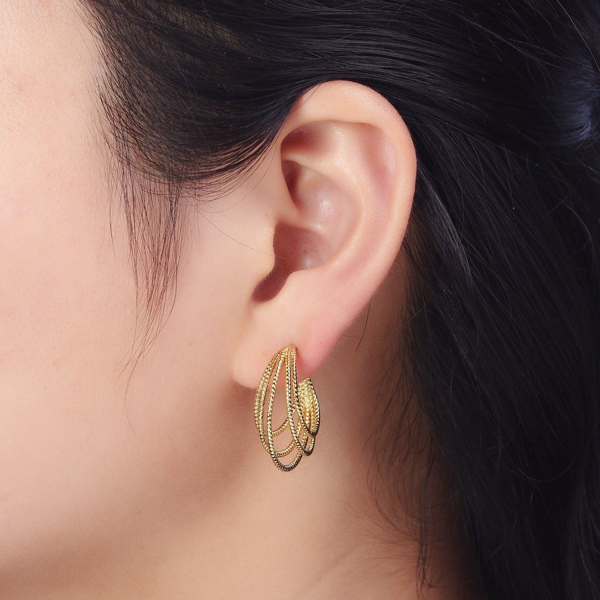 Multiple Gold Beaded C-Shaped Geometric Lined Hoop Earrings | AB035