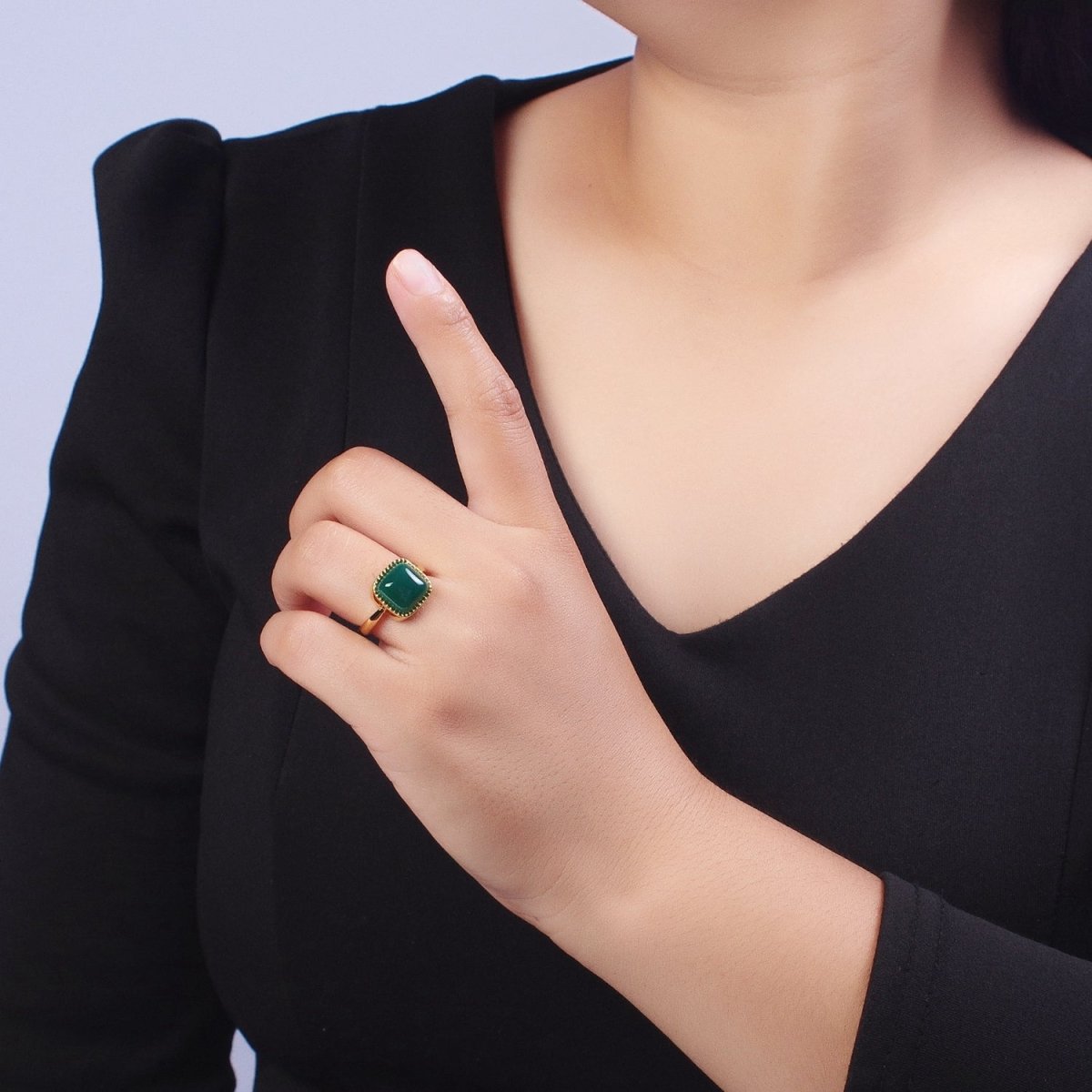 Natural Green Agate Rectangle Natural Stone Minimalist Adjustable Gold Ring | O-017