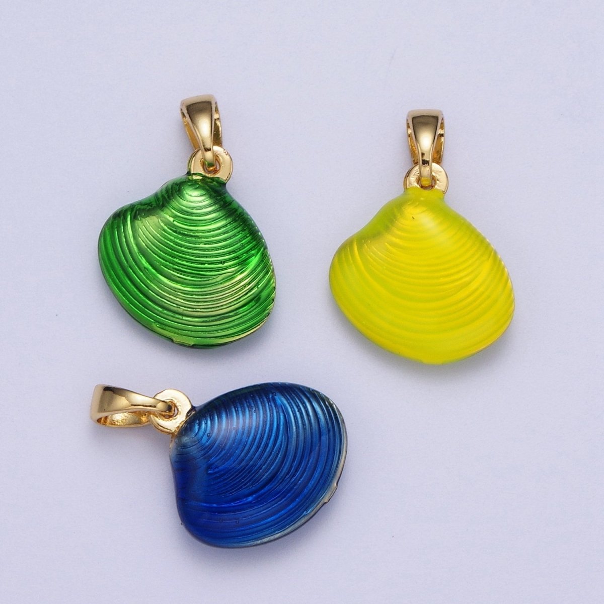 Neon Yellow, Blue, Green Colored Enamel Clam Sea Shell Pendant For Summer Beach Jewelry | X-538-X-539