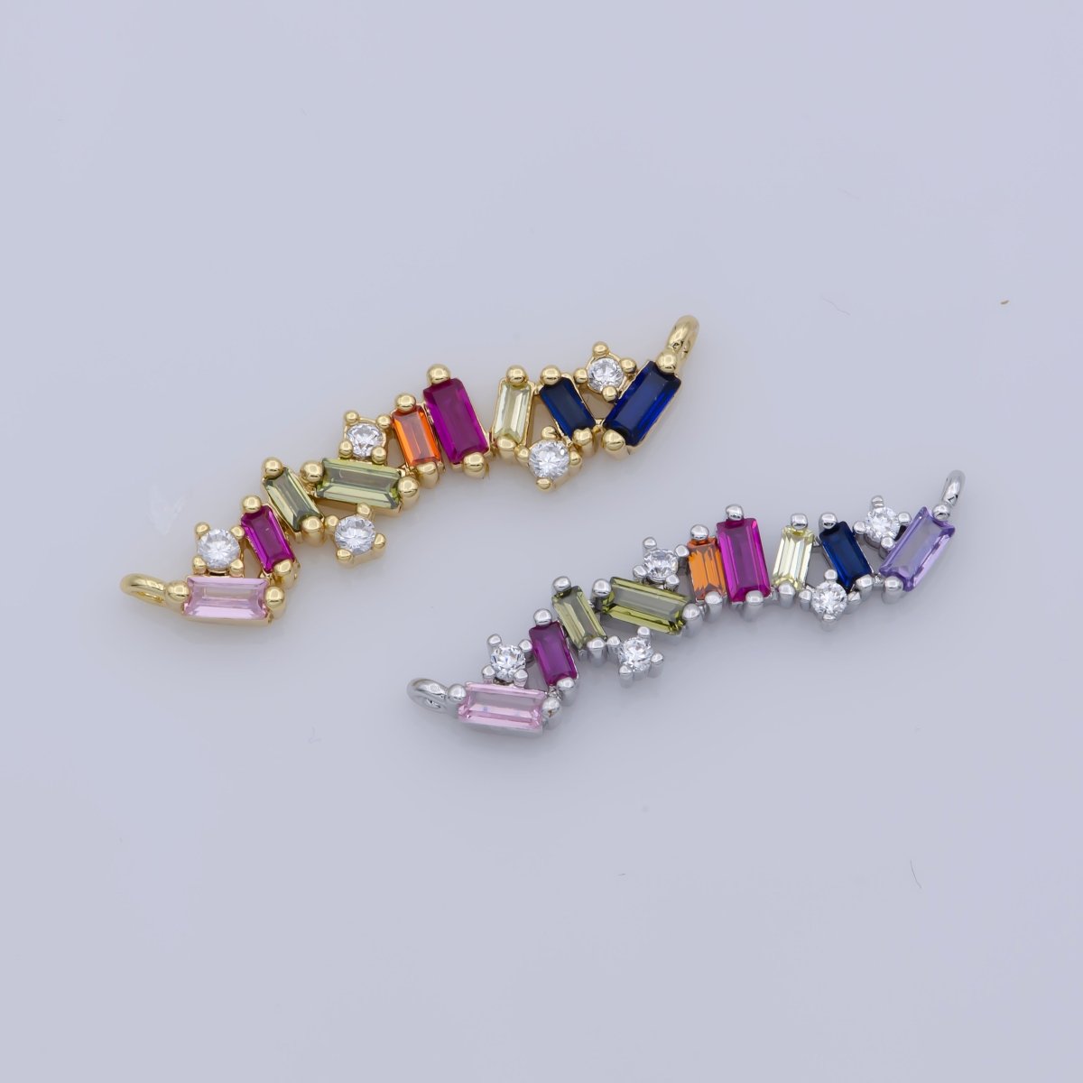 On Sale! CLEARANCE! White Gold Filled, 24K Gold Filled Bar Charm Pave Multi-Color Stone Bar Charm CONNECTOR, Colorful Bar Baguette For Necklace Bracelet Component Supply F-306