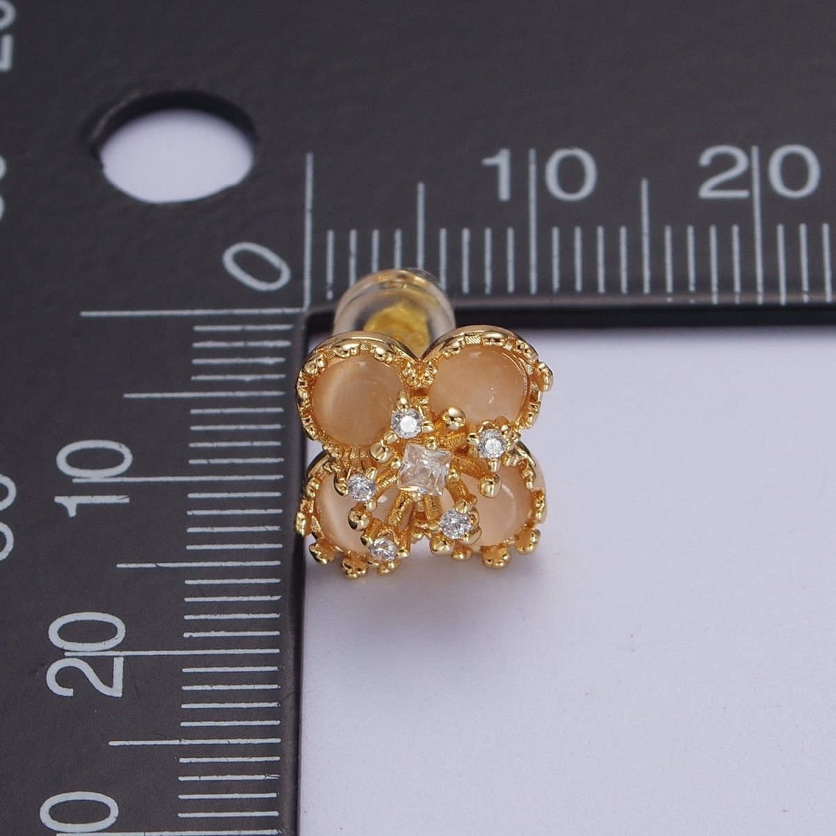 Orange Cats Eye Hibiscus Botanical Flower Mini Gold Stud Earrings | AD-178