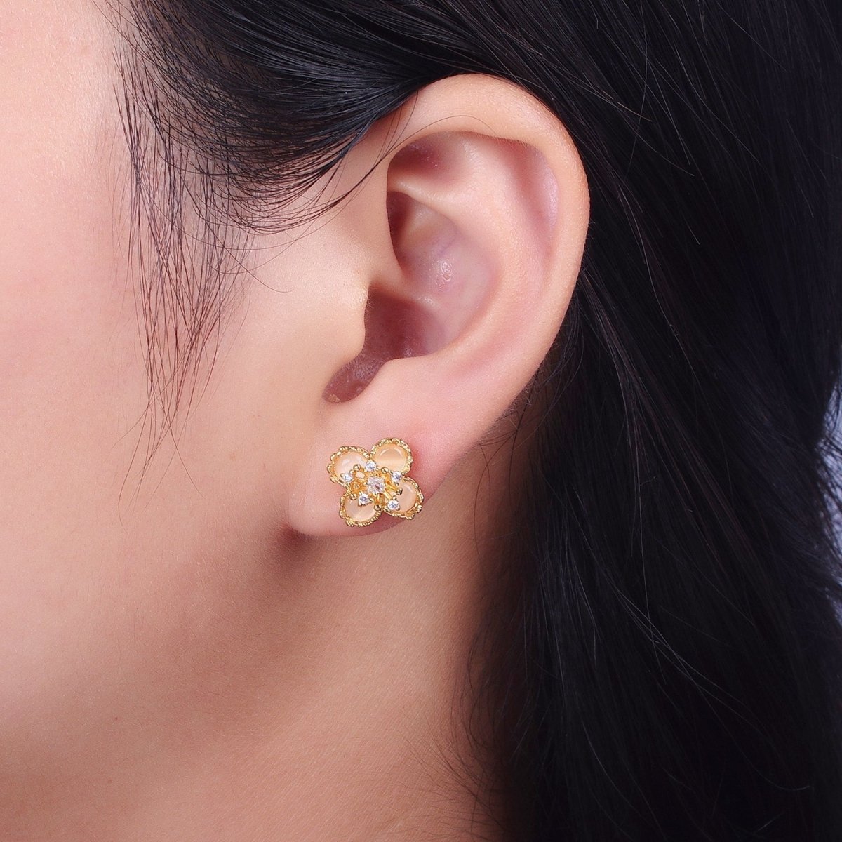 Orange Cats Eye Hibiscus Botanical Flower Mini Gold Stud Earrings | AD-178