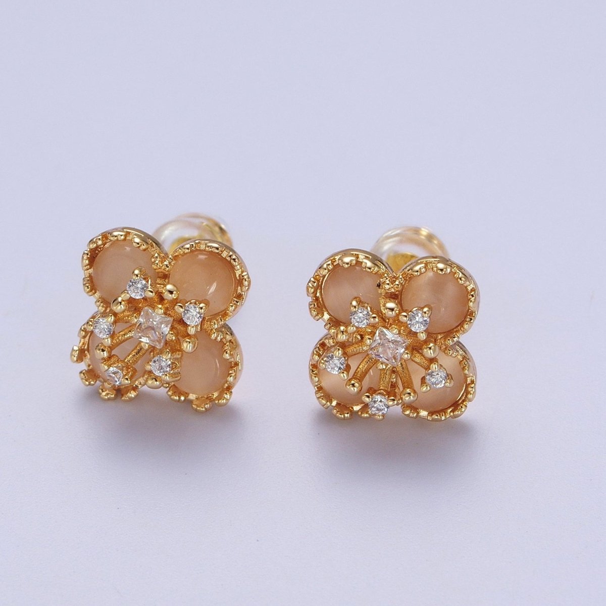 Orange Cats Eye Hibiscus Botanical Flower Mini Gold Stud Earrings | AD-178