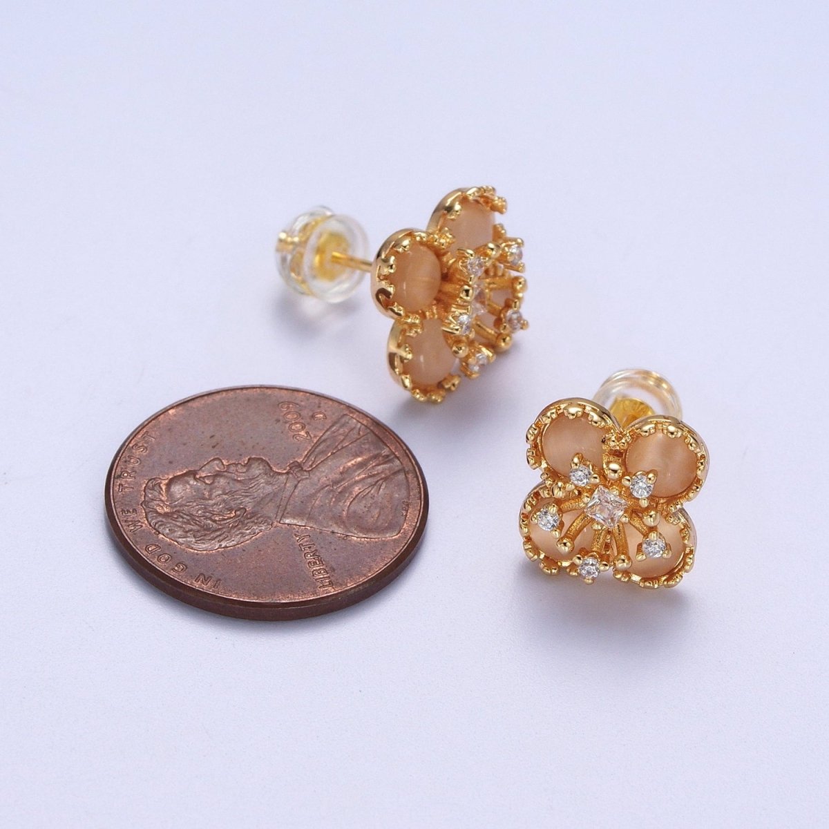 Orange Cats Eye Hibiscus Botanical Flower Mini Gold Stud Earrings | AD-178