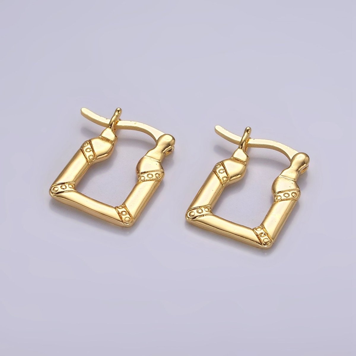 14K Gold Filled 15mm Dotted Lined Square French Lock Latch Hoop Earrings | AE965