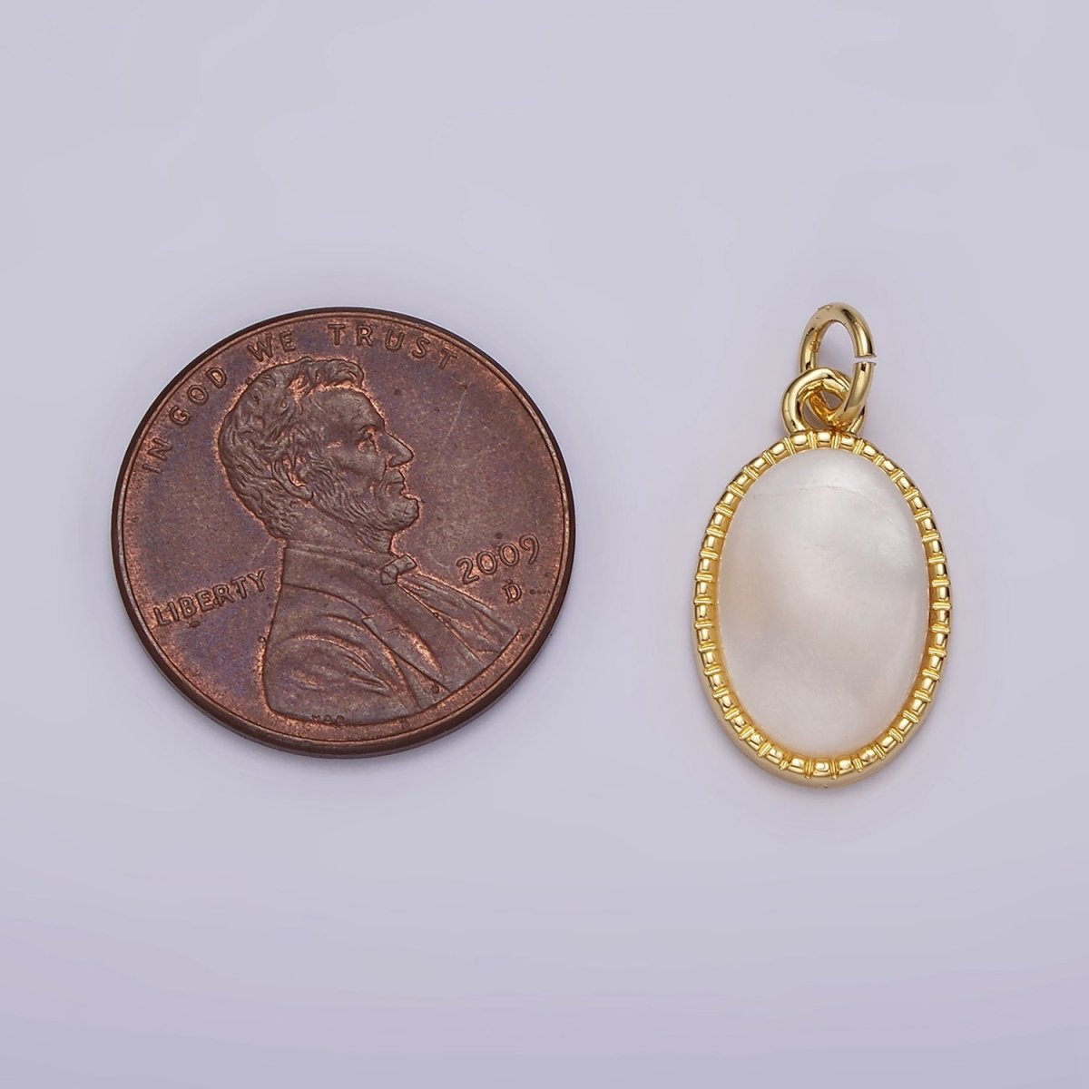 14K Gold Filled 20mm Shell Pearl Oblong Dotted Bezel Charm | AG513