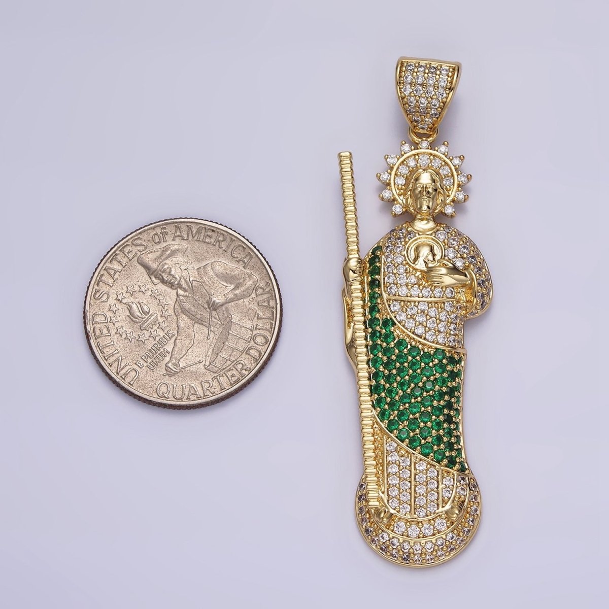 OS 14K Gold Filled 65mm Religious Saint Jude Green Robe Pendant | AA645