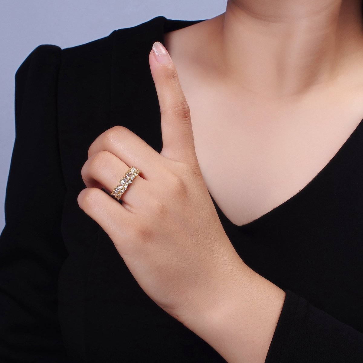 OS 14K Gold Filled Clear Baguette CZ Lined Adjustable Ring | O-607