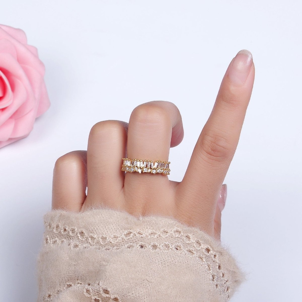 OS 14K Gold Filled Clear Baguette CZ Lined Adjustable Ring | O-607