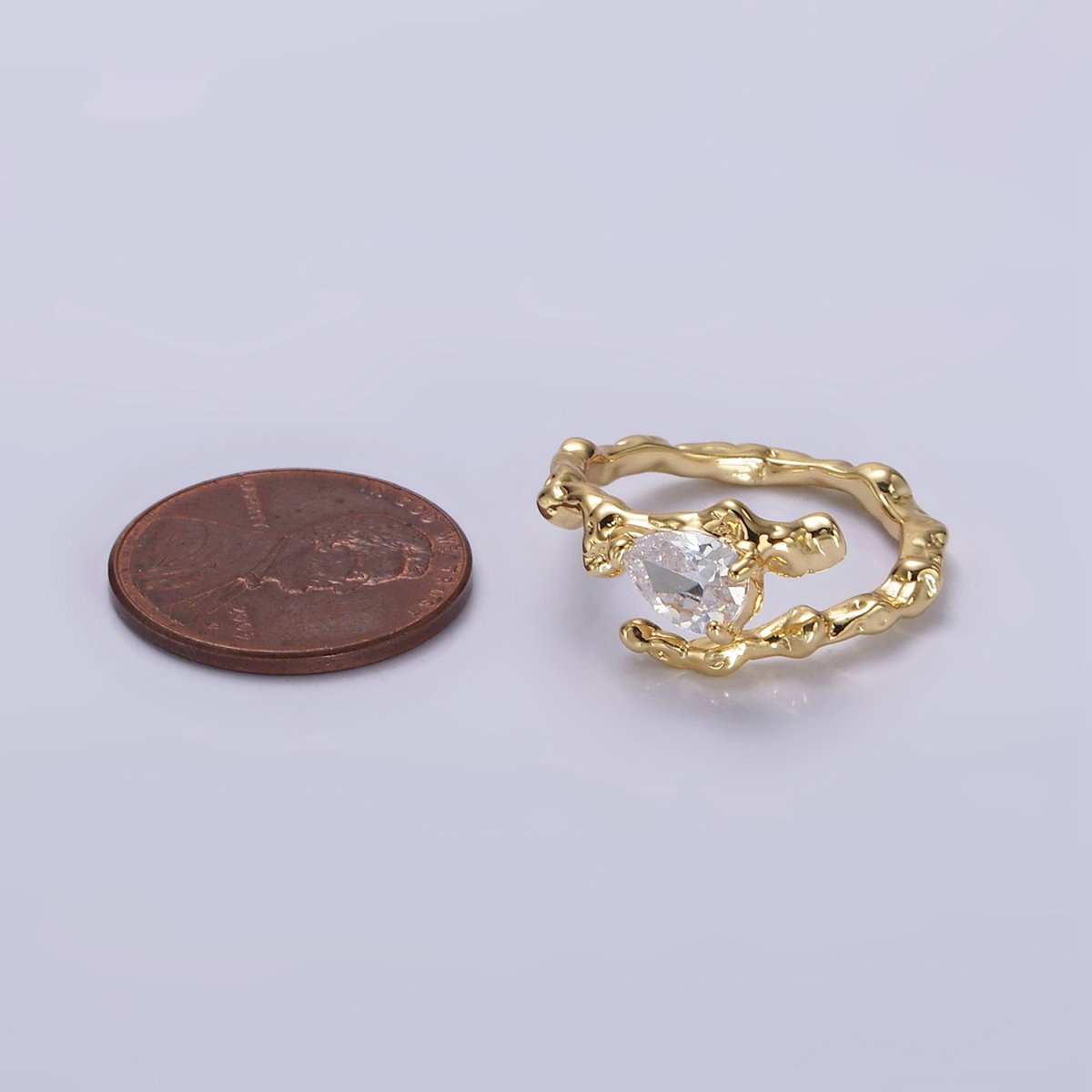 14K Gold Filled Clear CZ Teardrop Molten Drip Open Ring | O-603