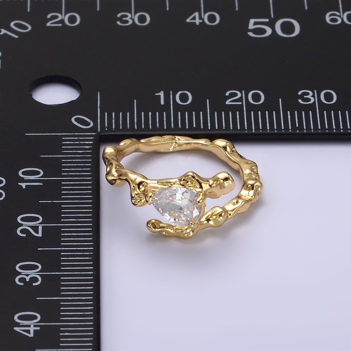 14K Gold Filled Clear CZ Teardrop Molten Drip Open Ring | O-603