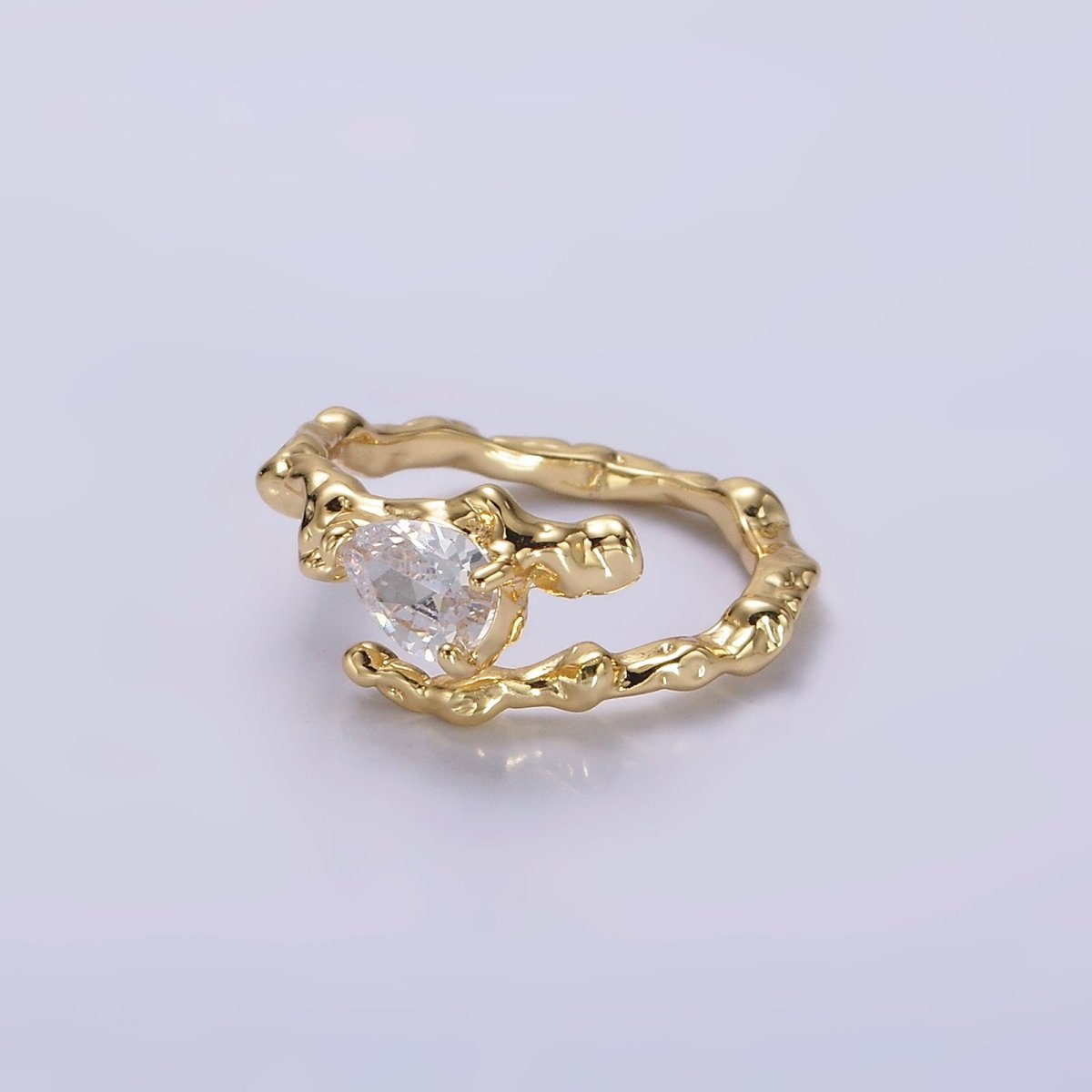 14K Gold Filled Clear CZ Teardrop Molten Drip Open Ring | O-603