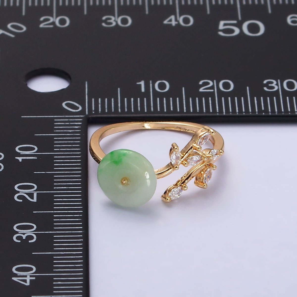 14K Gold Filled Green Jade Donut Butterfly Leaf Marquise CZ Open Ring | O-604