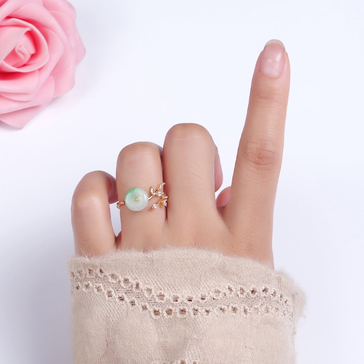 14K Gold Filled Green Jade Donut Butterfly Leaf Marquise CZ Open Ring | O-604