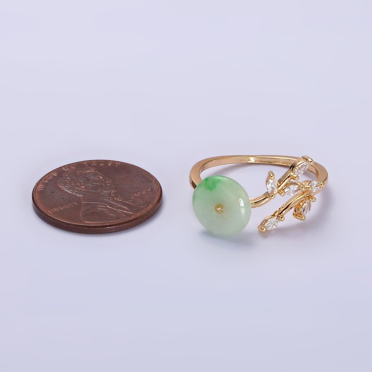 14K Gold Filled Green Jade Donut Butterfly Leaf Marquise CZ Open Ring | O-604