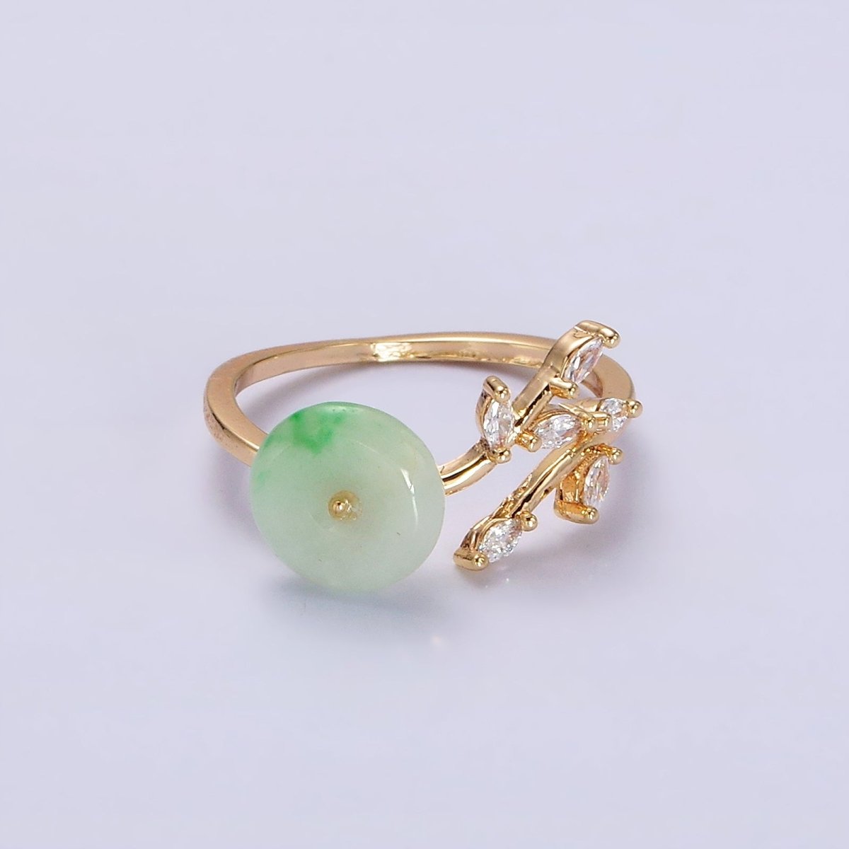14K Gold Filled Green Jade Donut Butterfly Leaf Marquise CZ Open Ring | O-604