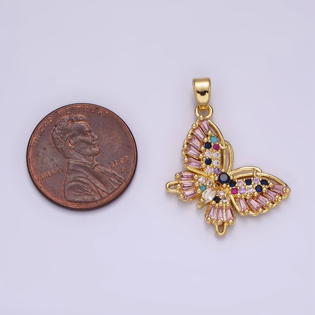 14K Gold Filled Multicolor CZ Pink Baguette Butterfly Wings Pendant | N1316