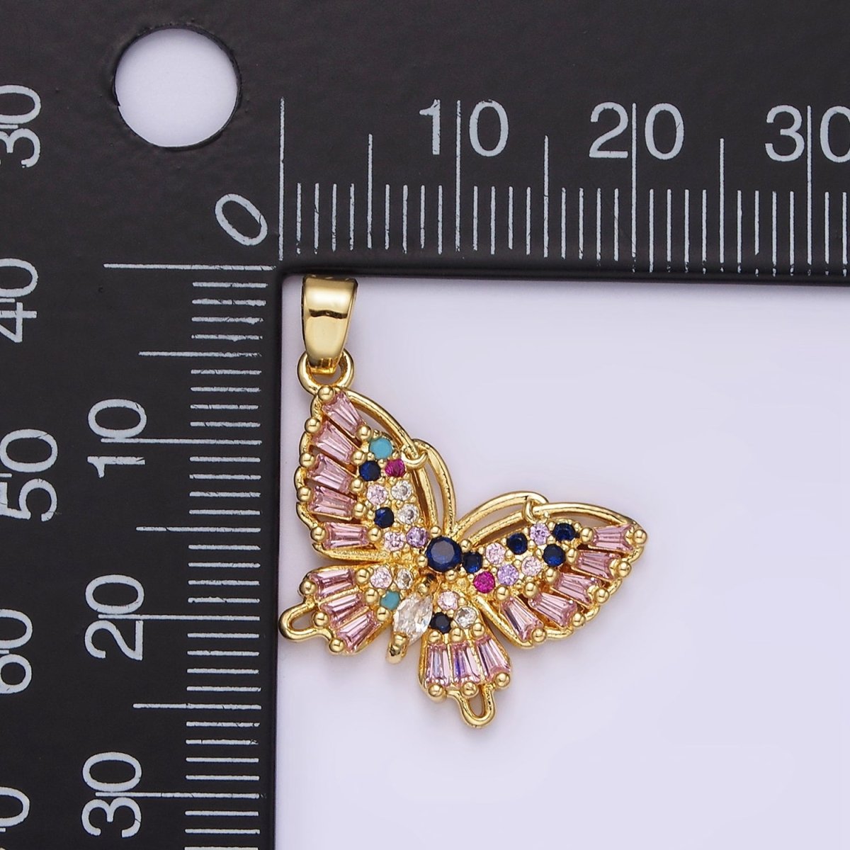 14K Gold Filled Multicolor CZ Pink Baguette Butterfly Wings Pendant | N1316