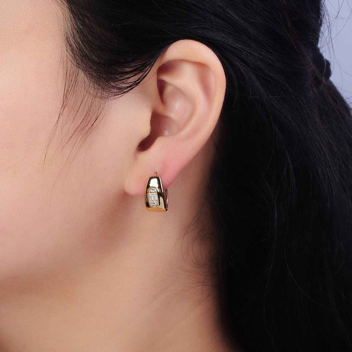 14K Gold Filled Wide Oblong Clear CZ 15mm Wide Huggie Earrings | AB270
