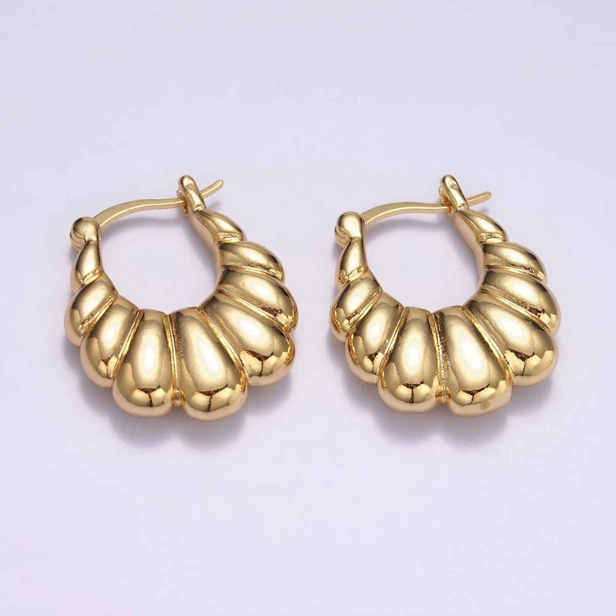 16K Gold Filled U-Shaped Puffed Croissant French Lock Latch Hoop Earrings | AE603